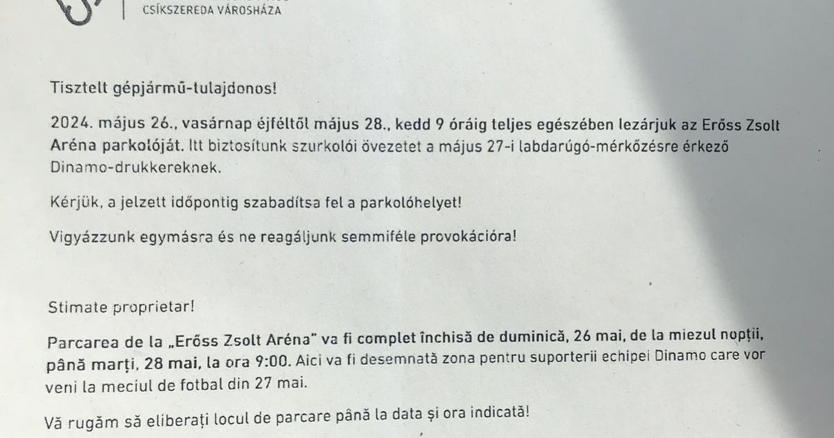Lezárják vasárnap éjféltől az Erőss Zsolt Aréna parkolóját