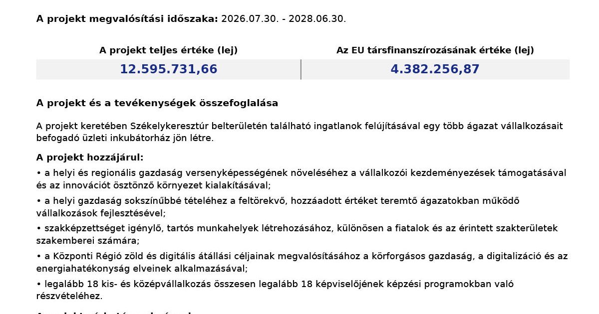 Üzleti inkubátorház létrehozása Székelykeresztúr városában