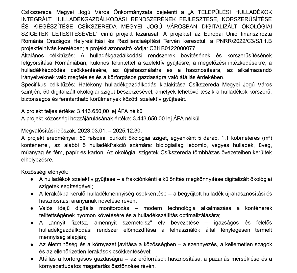 PNRR sajtóközlemény Csíkszereda