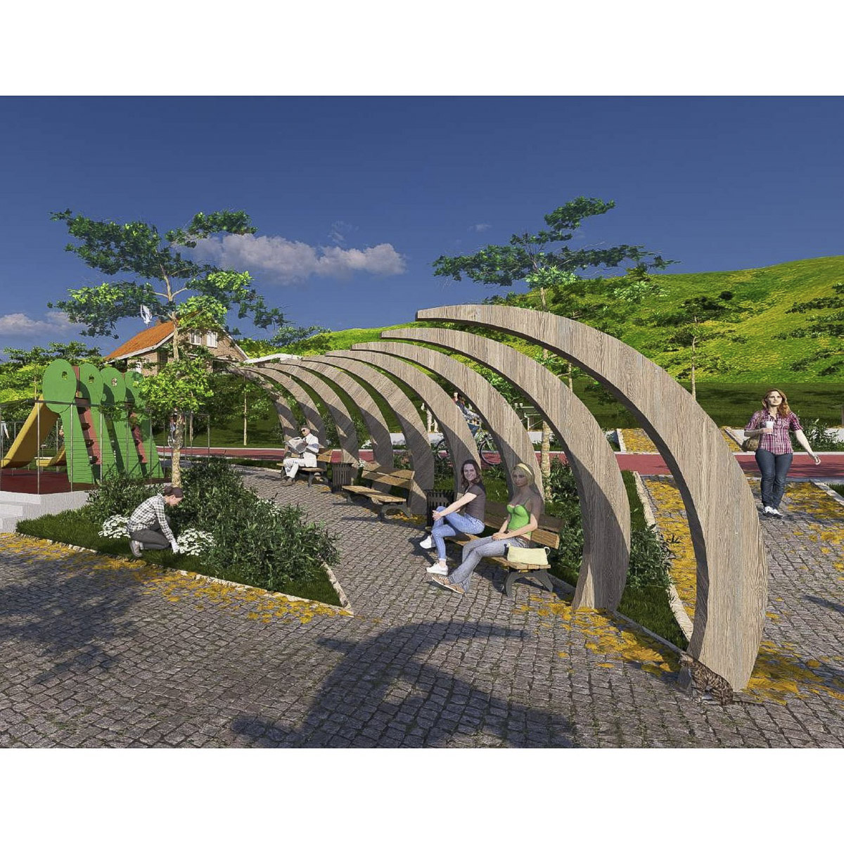 Virágházból sétány és játszótér