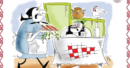 Mikor Pista rajzol, mindig Csürkét majszol.